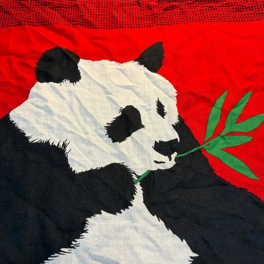 Vintage 70s Vera Neumann Red Black Panda Bear Print Square Scarf Rayon Novelty